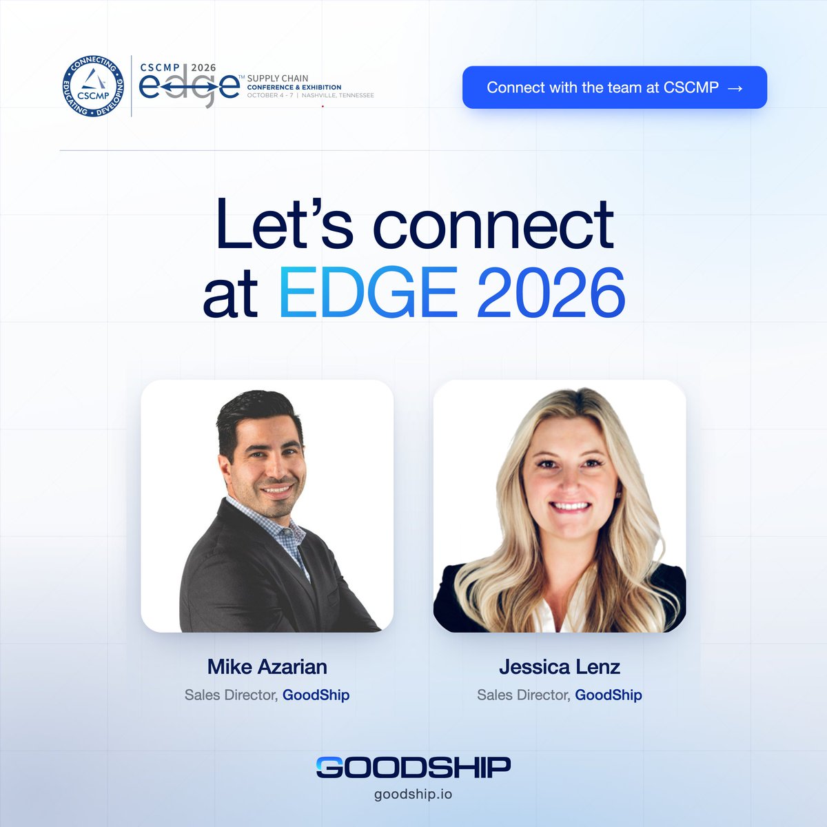 GoodShip_io's tweet photo. Next stop: Nashville 🤠 The GoodShip team is headed to @CSCMPEDGE next week.
#CSCMPEDGE #SupplyChain #Transportation #Freight https://t.co/XeY6eQkOyv