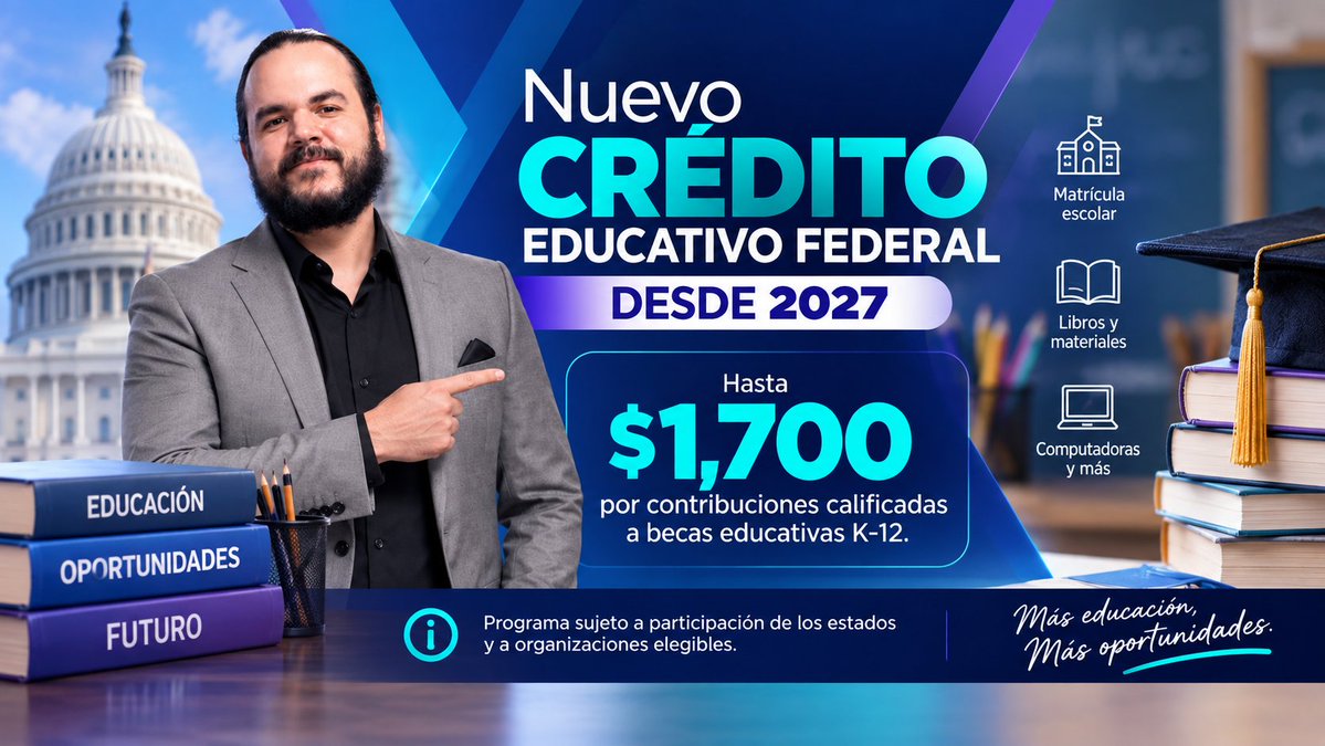 AllTax_Solution's tweet photo. 🎓 Nuevo crédito educativo federal desde 2027
Contribuyentes elegibles podrán reclamar hasta $1,700 por aportes calificados a organizaciones que otorgan becas para educación K-12. IRS
Guarda esta información y mantente atento a las actualizaciones del IRS.

https://t.co/JNSuK07u2E

#TaxNews #Impuestos2027 #TaxPreparers #AllTaxSolution