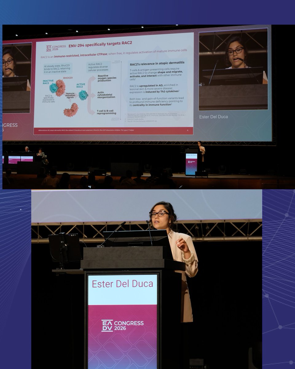 MSHSDerm's tweet photo. Dr. Ester Del Duca presented the 5th of 5(!) of our late breakers @ #EADVCongress 2026 #Vienna—“A Previously Undrugged Target in Immune Therapeutics: Oral ENV-294 Provides First Clinical &amp; Molecular Proof of Concept for RAC2 Modulation in Atopic Dermatitis” 🔬 @EmmaGuttman https://t.co/dWJlQwBciU