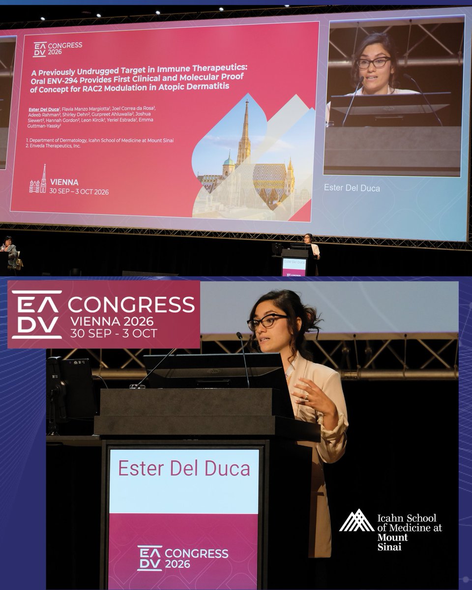 MSHSDerm's tweet photo. Dr. Ester Del Duca presented the 5th of 5(!) of our late breakers @ #EADVCongress 2026 #Vienna—“A Previously Undrugged Target in Immune Therapeutics: Oral ENV-294 Provides First Clinical &amp; Molecular Proof of Concept for RAC2 Modulation in Atopic Dermatitis” 🔬 @EmmaGuttman https://t.co/dWJlQwBciU