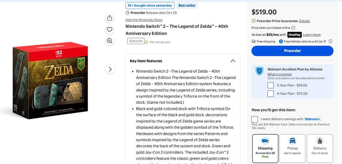 Wario64's tweet photo. Nintendo Switch™ 2 – The Legend of Zelda™ – 40th Anniversary Edition at Walmart https://t.co/NfmINT2n33 #ad https://t.co/GuL7Qyfpei