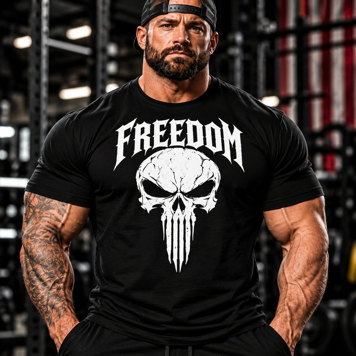 MUSCLEXXXUSA's tweet photo. Patriotic vibe, not show-off flex. 🔥 Broken-in softness from day one so you can move, lift, and feel like it was made for you. Men's Freedom Skull Tee — $38. #ad #Fitness #MensWear Tap the link in bio. https://t.co/pLgbUd0pNU