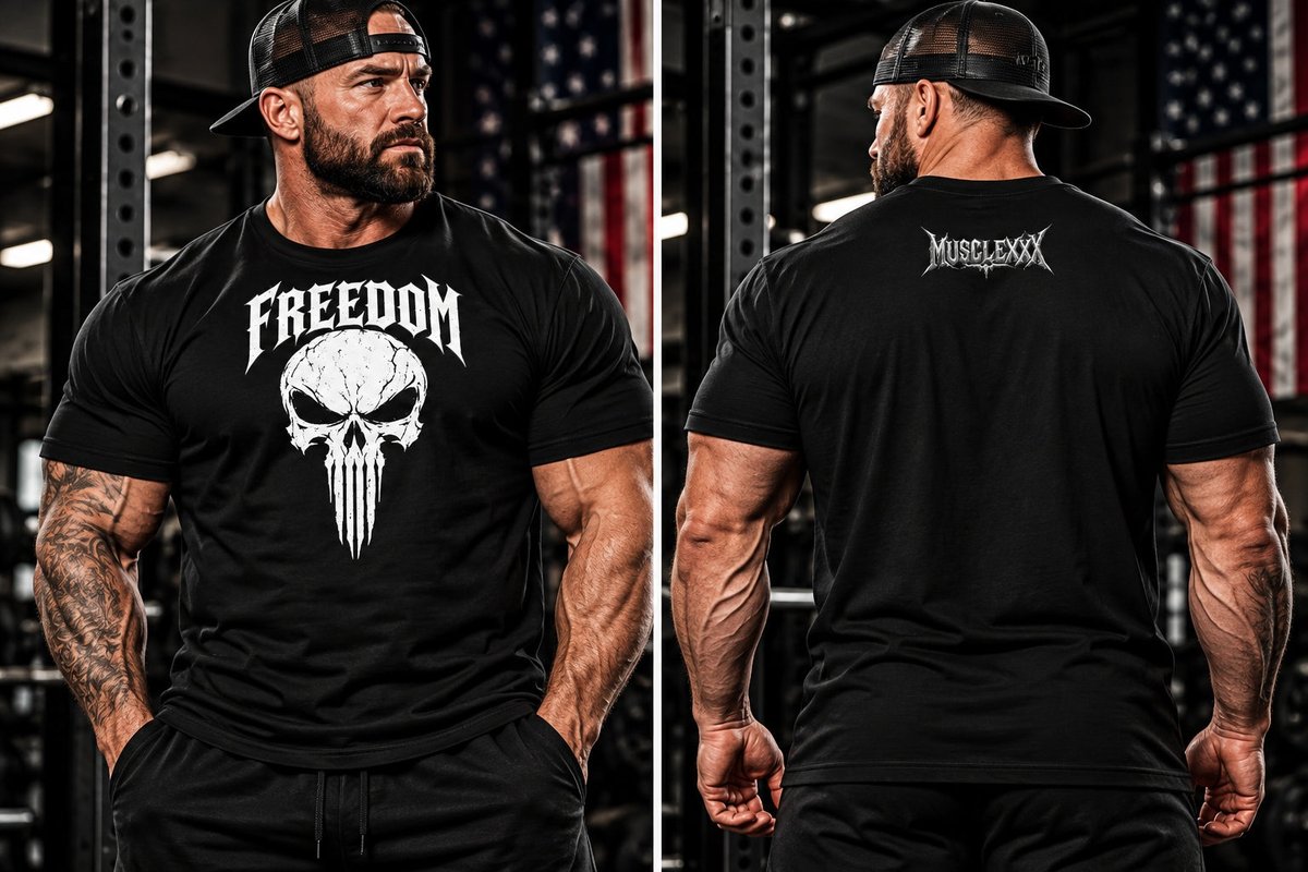 MUSCLEXXXUSA's tweet photo. Patriotic vibe, not show-off flex. 🔥 Broken-in softness from day one so you can move, lift, and feel like it was made for you. Men's Freedom Skull Tee — $38. #ad #Fitness #MensWear Tap the link in bio. https://t.co/pLgbUd0pNU