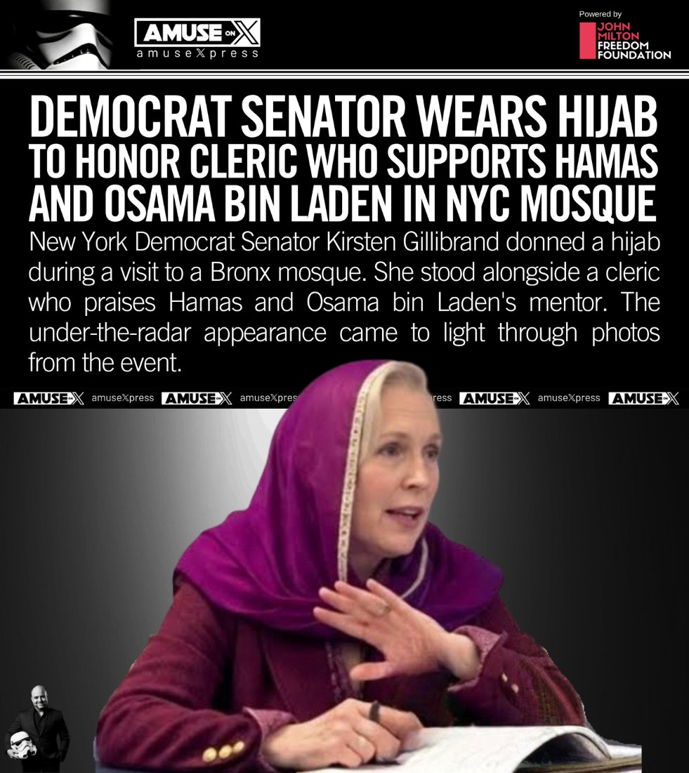 amuse's tweet photo. ISLAMIFICATION: Senator Gillibrand wears a hijab when she meets with Islamic men to make them feel more comfortable.