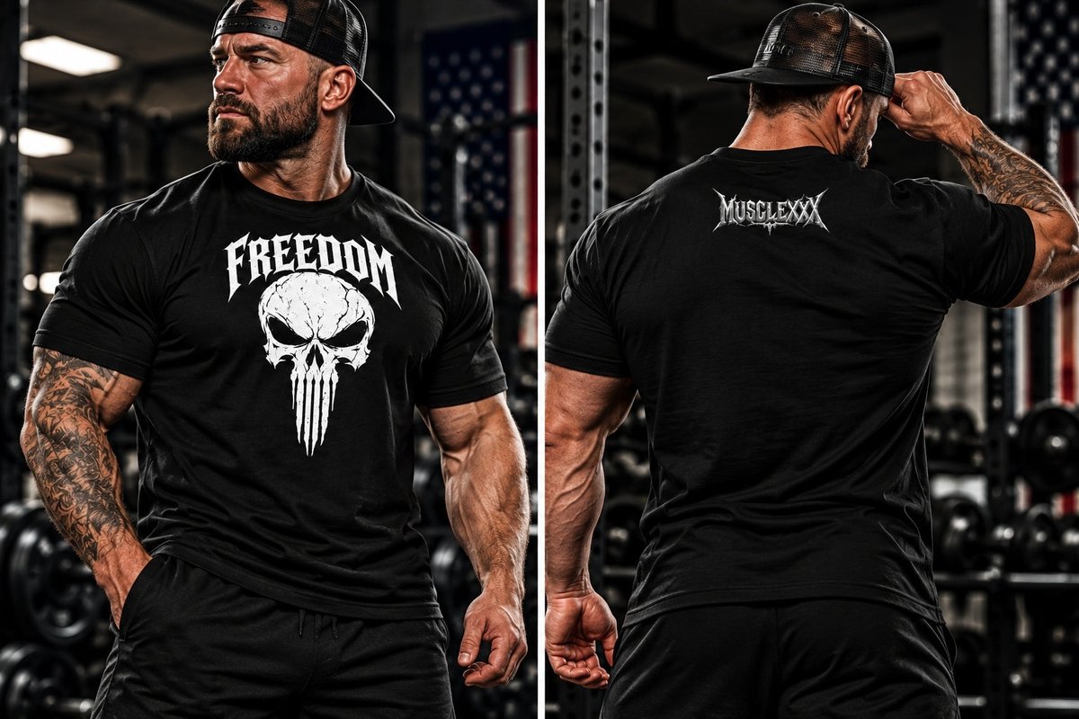 MUSCLEXXXUSA's tweet photo. Patriotic vibe, not show-off flex. 🔥 Broken-in softness from day one so you can move, lift, and feel like it was made for you. Men's Freedom Skull Tee — $38. #ad #Fitness #MensWear Tap the link in bio. https://t.co/pLgbUd0pNU