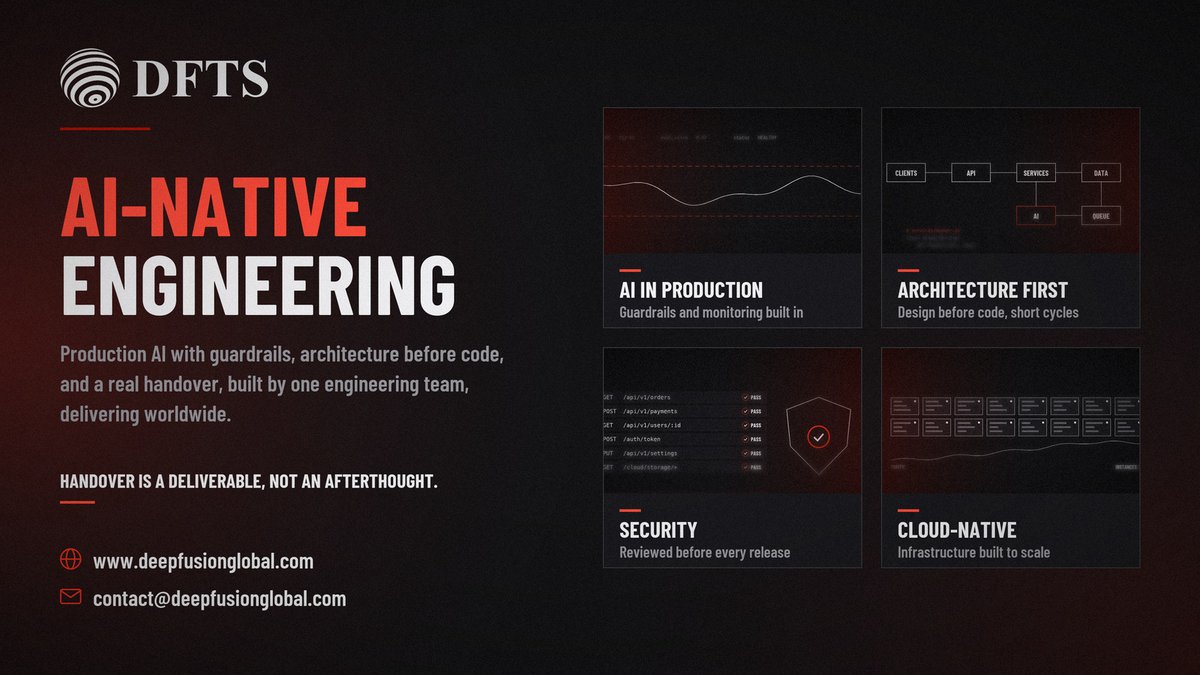 dftsglobal's tweet photo. AI-native engineering ⚡

🔴 AI in production, with guardrails
🔴 Architecture before code
🔴 Handover is a deliverable
🔴 Security every release
🔴 Cloud-native at scale

One team. Delivering worldwide 🌍
👉 https://t.co/rsL3jc0Tkg

#AIEngineering #CloudNative #DevOps https://t.co/Dq2GENOlz5