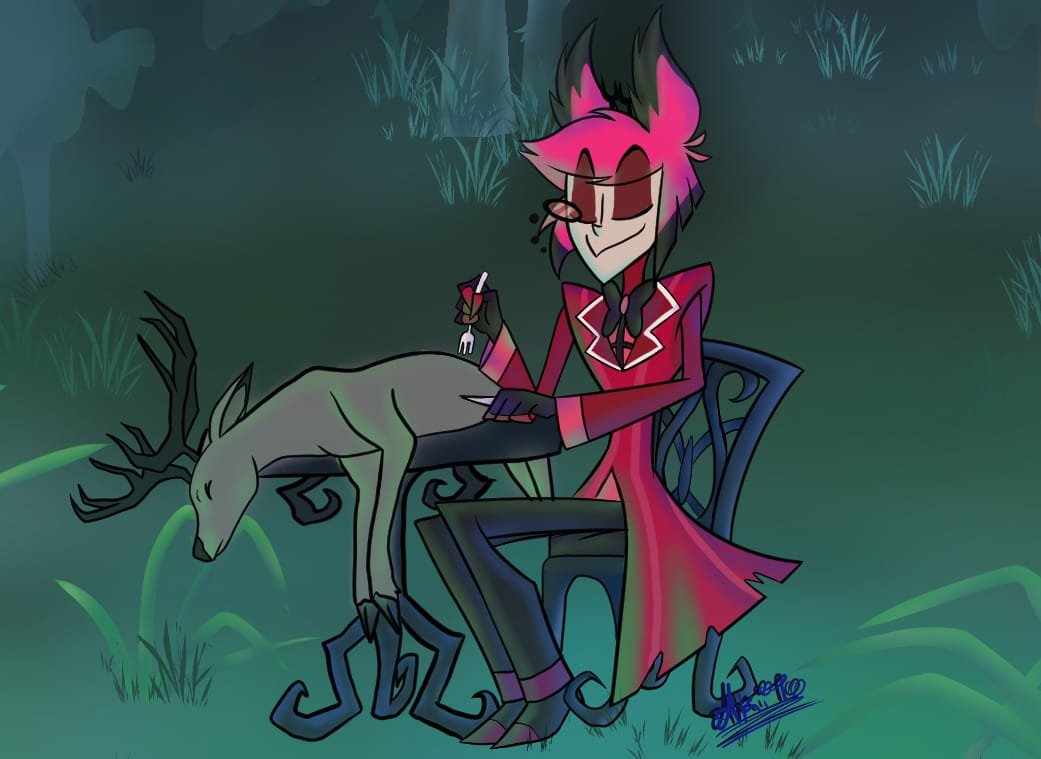 Akitobaskervill's tweet photo. @hellaversetober slow mode days 1-3 
Breakfast (no injuries on the deer sorry ) 
#alastor #hazbinhotel #inktober #Inktober2026 https://t.co/RTLxE3u8RJ