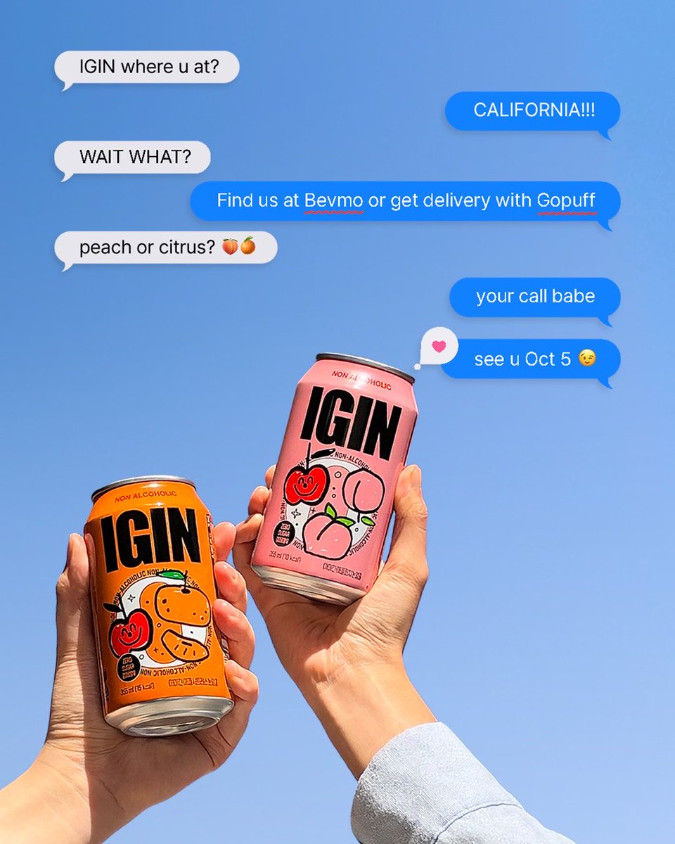 igin_sns's tweet photo. 𝗪𝗵𝗲𝗿𝗲 𝗦𝗺𝗶𝗹𝗲𝘀 𝗕𝗲𝗴𝗶𝗻, 𝗜𝗚𝗜𝗡
⠀
California, we’re closer than u think 👀💬
⠀
IGIN NON-ALCOHOLIC APPLE PEACH & APPLE CITRUS.
Coming soon to BevMo! and Gopuff.⠀
@BevMo 

🇺🇸 IGIN USA
https://t.co/VmeyYA7VWm

*아이긴 논알코올은 논알코올 성인용 음료이며 1% 미만의 알코올을 함유하고 있습니다.
*Contains less than 0.5% alcohol by volume.