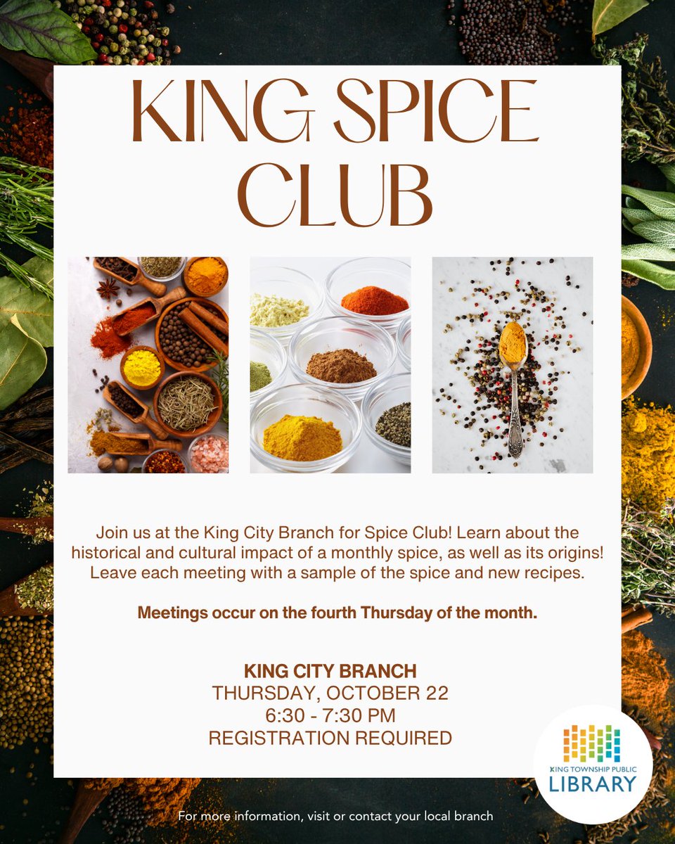 KingLibraries's tweet photo. 🌿 Spice up your month with Spice Club!

Join us every month to explore a featured spice's history and more. Plus, you'll take home a sample of the spice and recipe ideas to try at home.

Presented in partnership with @KingMuseum  👩‍🍳🧑‍🍳

#KingLibraries #SpiceClub #KingTownship https://t.co/DssjWXzGmQ