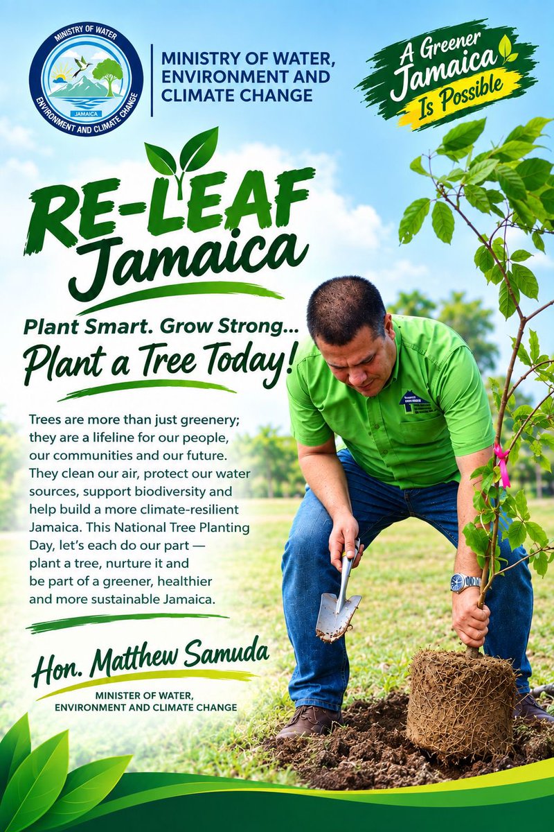 matthewsamuda's tweet photo. On National Tree Planting Day, let’s each do our part to create a greener, healthier and more sustainable Jamaica. Trees protect our water sources, support biodiversity, improve our environment and help us build a stronger future for generations to come.

One tree. One action. A lasting impact. @ForestryDeptJa
