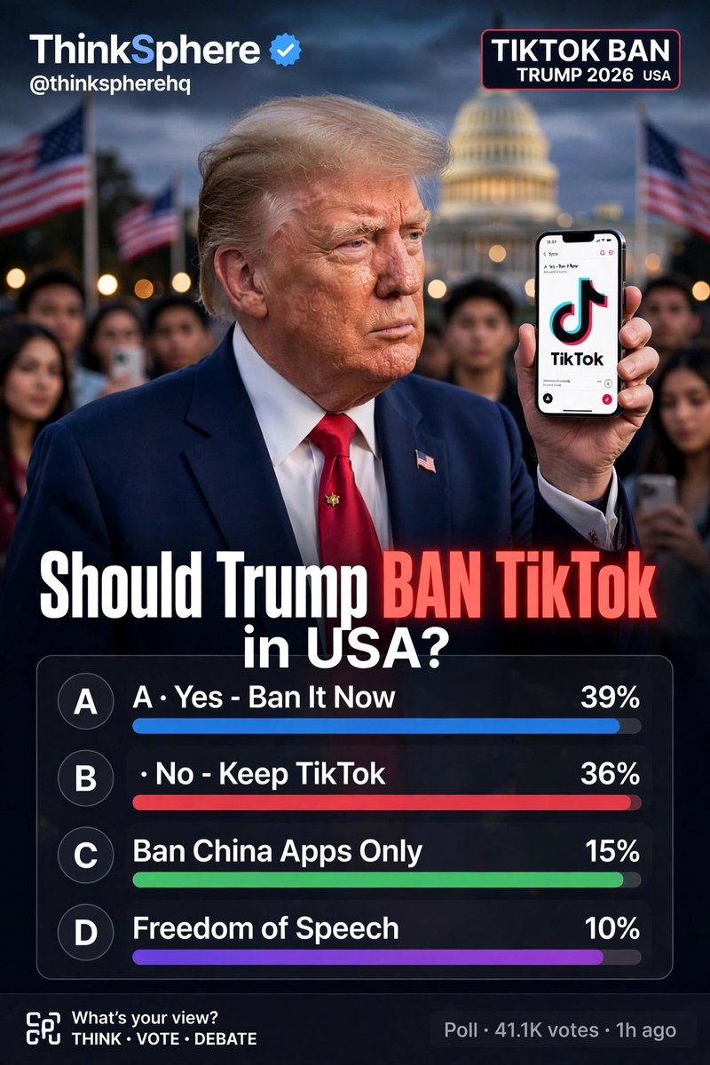 thinkspherehq's tweet photo. Should Trump BAN TikTok in USA? 📱🇺🇸
Security threat or freedom of speech?
A) Yes - Ban It Now 39%
B) No - Keep TikTok 36%
C) Ban China Apps Only 15%
D) Freedom of Speech 10%
Vote NOW — A, B, C or D? 👇
#TikTokBan #Trump2026 #ThinkSphere #TikTok #USA #China https://t.co/FSj0T3qAXQ