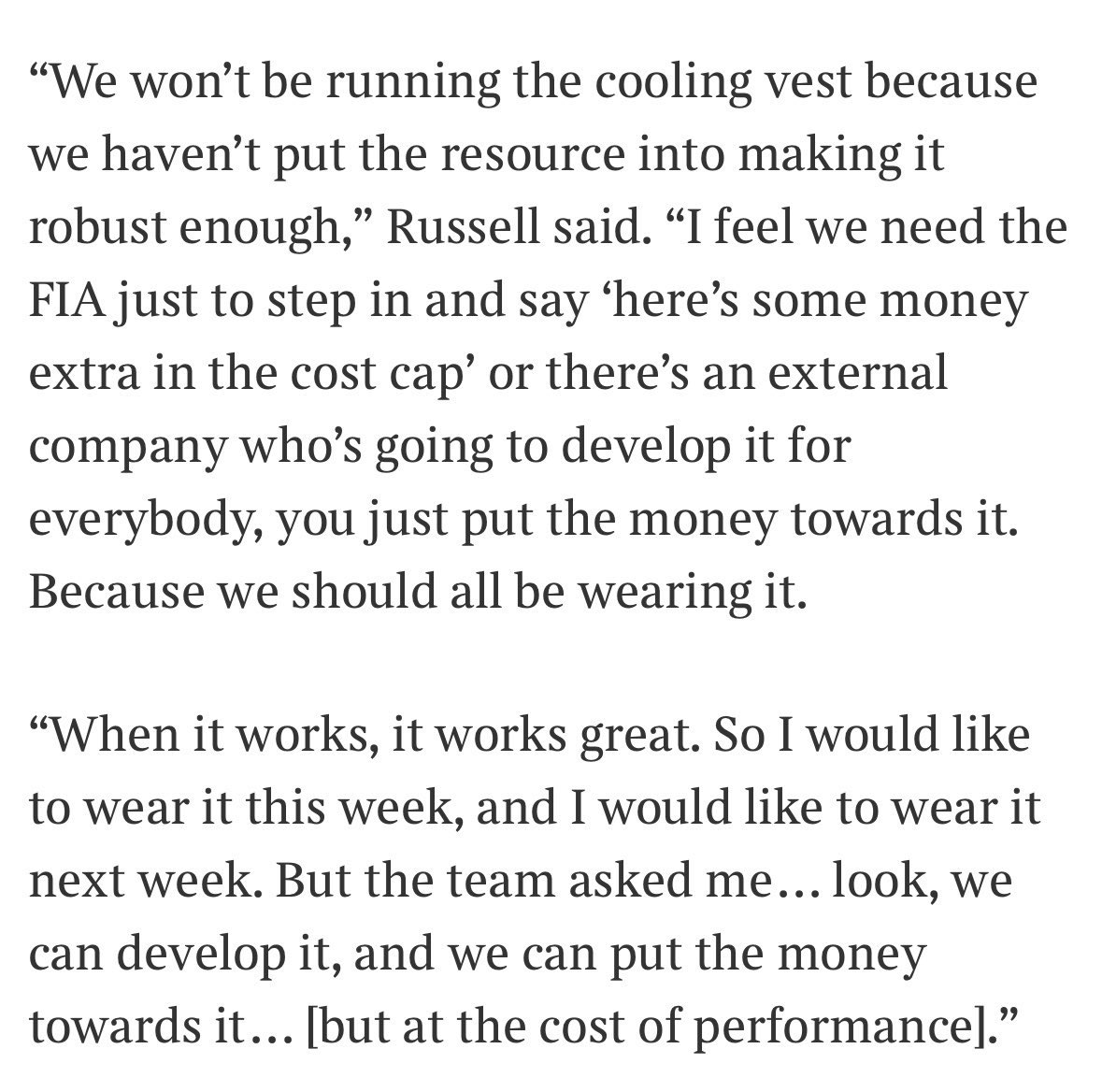 ln4norris's tweet photo. george saying he'd like to wear the cooling vest but can't because developing it properly would come at the cost of performance is awful. especially with how hot it's been and a daytime sprint in singapore next, things like this really shouldn't be something teams have to account for within the cost cap when it's about the drivers' safety and wellbeing