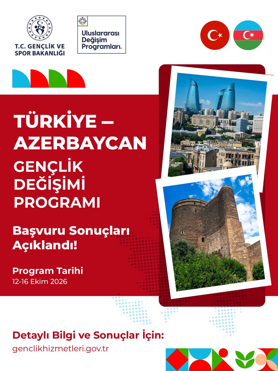 GSBgenclik's tweet photo. 🇹🇷🇦🇿 Türkiye–Azerbaycan Uluslararası Gençlik Değişimi Programı sonuçları açıklandı!

Programa katılmaya hak kazanan 20 asil ve 20 yedek katılımcı belirlendi. ✨

🔗 Sonuçları görüntülemek ve detaylı bilgi almak için 👉🏻 https://t.co/QP0t8BJCA7

Katılmaya hak kazanan tüm gençlerimizi tebrik ediyoruz! 🎉