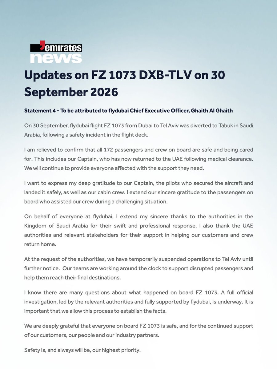 Emirates_News's tweet photo. #flydubai CEO Ghaith Al Ghaith issued a statement on flight FZ1073. He expressed his gratitude to the Captain, the pilots who secured the aircraft and landed it safely, as well as to cabin crew and passengers on board who assisted our crew during a challenging situation. https://t.co/A6QZRgYNGS