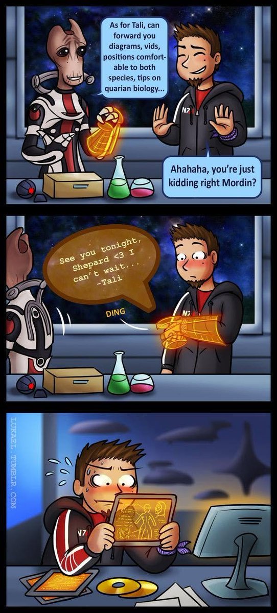 XenEnjoyer's tweet photo. Mordin is such a MVP.

Also Shepard wearing a piece of Tali's cloth on his wrist is so cute.

Artist - Lukael https://t.co/AokQmNBNLg