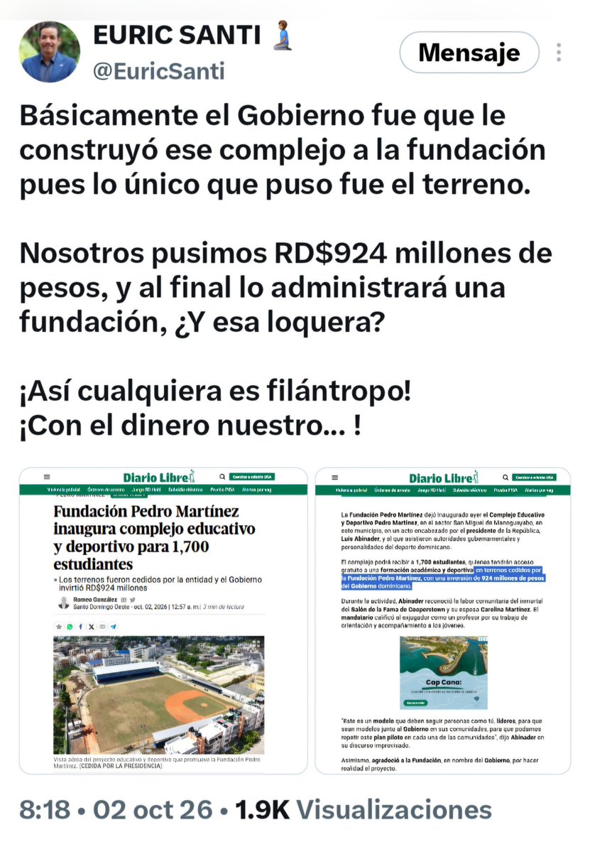 johhnyarrendel's tweet photo. Pedro Martínez fue injusto con Danilo Medina 

Pedro es una gloria del deporte dominicano y, por lo regular, se maneja a la altura de esa leyenda. Por eso conviene precisar lo que dijo al inaugurar el complejo de Manoguayabo.

No hubo “varias gestiones” en el trato. El convenio lo firmó el Ministerio de Educación el 4 de septiembre de 2019, bajo Danilo Medina: la fundación donó el terreno y el Estado asumió la obra. Medina estaba en el tramo final de su mandato y, meses después, llegó el COVID. Con esa ventana, no era realista que Danilo licitara y ejecutara un proyecto de más de RD$900 millones.

La construcción arrancó en 2021 y la terminó este gobierno. Ese mérito es de la gestión de Abinader. Reconocerlo no exige borrar el paso que dio la administración Medina, dentro de las condiciones que tenía.

Pedro no necesita ese tono. Su autoridad moral y su influencia en el país pesan más cuando el relato se ajusta a los hechos
@vozdelfanatico
