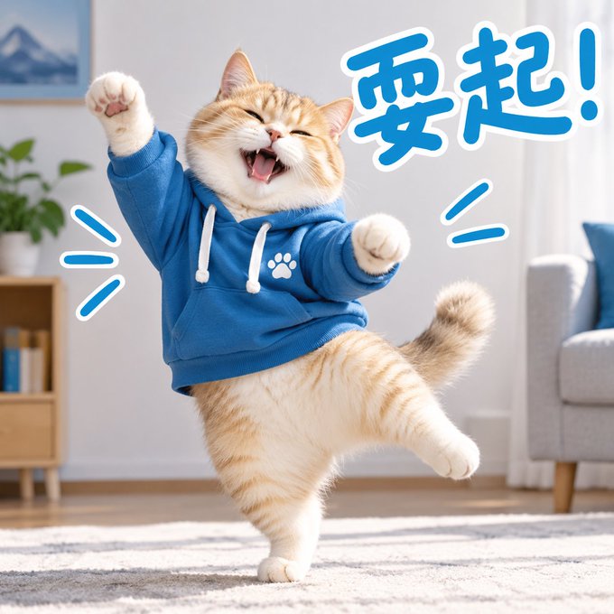 A cat standing on its hind leg in a blue hoodie with the Chinese characters 要起! overlaid on the image.