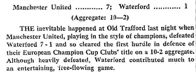 SportsHistory26's tweet photo. #OTD at Old Trafford in 1968

The reigning champions @ManUtd had a convincing 7-1 victory over @WaterfordFCie in their European Cup First-Round Second-Leg tie at Old Trafford on this day in 1968 in front of an attendance of 41,750

Nobby Stiles opened the scoring after 37 minutes and then Denis Law scored 4 goals, with Francis Burns and Bobby Charlton also scoring

The @WaterfordFCie goal Alex Casey after 69 minutes

#SportingMemories #United #WaterfordFC #EuropeanCup #OTD
