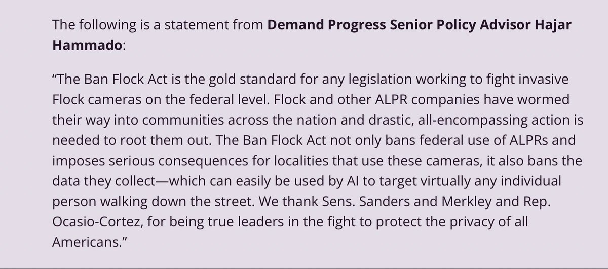demandprogress's tweet photo. Thank you @SenSanders @SenJeffMerkley &amp; @AOC for introducing the most comprehensive federal Flock ban ever!

This is the gold standard of Flock bills because it not only bans the cameras on a federal level but it bans the use of the data, which can be used to AI to target anyone. https://t.co/7Q4NTHORZv