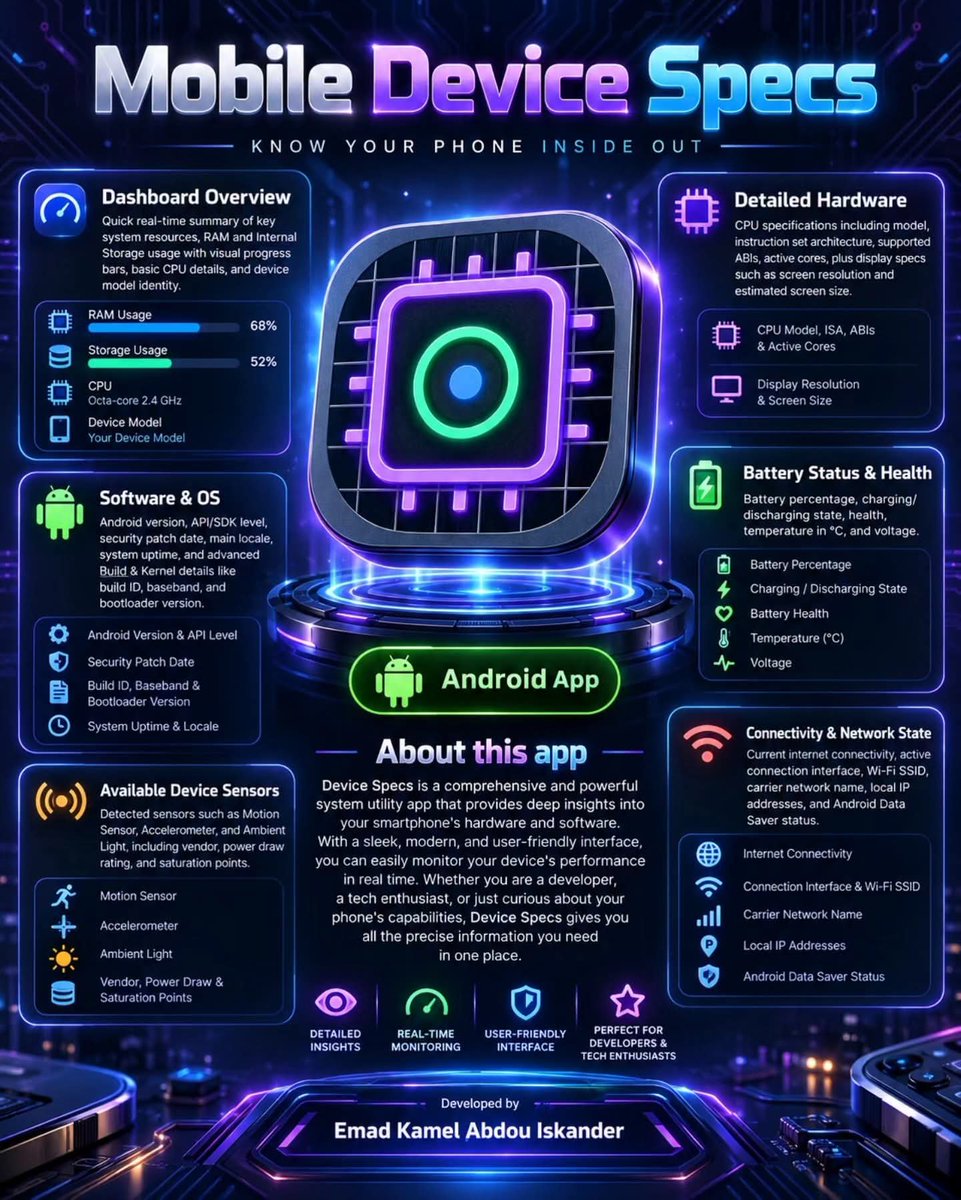 3omdasystems's tweet photo. “Better to find your place in the crowd than to wait for the crowd to clear.”

Among millions of apps… there is now one that bears my signature. 🚀

After several months of hard work, perseverance, and dedication, I’m delighted to introduce my first app on Google Play. 📱

Mobile Device Specs

It may be just one app among millions, but to me, it represents a journey of learning and determination, my first creation in the world of Android apps, and a milestone I’m proud of as I join millions of developers from around the world. 🌍

The app helps you understand your phone better, bringing together information about its processor, memory, storage, battery, operating system, and other device specifications—all in one place.

And this is only the beginning. ✨ Looking ahead, I will be developing more apps and bringing new ideas to life across a variety of fields, using smartphones to make technology more accessible and useful in people’s everyday lives. After all, the true value of an idea lies in turning it into a practical tool—one that saves effort, solves a problem, or simply makes life easier.

Sharing this milestone with you makes it all the more meaningful. Trying the app and sharing your feedback and suggestions will help me improve it and give me even greater motivation to keep moving forward. 🤍

📲 Currently available for Android phones only.
🔗 Download from Google Play:
https://t.co/KbybeV2fVH

A first step… and so many ideas waiting to become reality. 🌱

Emad Kamel Abdou
October 1, 2026

⬅️⬅️➖➖➖➖➖➖➖➡️➡️

«أن تجد لك مقعدًا وسط الزحام، خيرٌ من أن تنتظر أن يخلو لك المكان.»

وسط ملايين التطبيقات… أصبح لي اليوم تطبيق يحمل بصمتي 🚀

بعد عدة أشهر من الجهد والمثابرة والعمل المتواصل، يسعدني أن أشارككم أول تطبيق لي على Google Play 📱

Mobile Device Specs

قد يكون تطبيقًا واحدًا وسط ملايين التطبيقات، لكنه بالنسبة لي ثمرة رحلة من التعلّم والإصرار، وأول إنتاج لي في عالم تطبيقات أندرويد؛ وخطوة أعتز بها لينضم اسمي إلى أسماء ملايين المطورين من مختلف أنحاء العالم 🌍

التطبيق يساعدك على معرفة هاتفك بصورة أوضح، ويجمع معلومات المعالج والذاكرة والتخزين والبطارية ونظام التشغيل وغيرها من تفاصيل جهازك، في مكان واحد.

وهذه مجرد البداية ✨ فخلال الفترة القادمة، سأعمل على تطوير المزيد من التطبيقات وتنفيذ أفكار تخدم مجالات متنوعة، ليكون الهاتف وسيلة لتطويع التكنولوجيا وتسهيل الاستفادة منها في حياة الناس اليومية؛ فالقيمة الحقيقية لأي فكرة هي أن تتحول إلى أداة نافعة، تختصر جهدًا، أو تحل مشكلة، أو تجعل الحياة أسهل.

مشاركتي لهذه الخطوة معكم جزء من فرحتي بها، وتجربتكم للتطبيق وآراؤكم واقتراحاتكم ستساعدني على تطويره، وتمنحني دافعًا أكبر للاستمرار 🤍

📲 التطبيق متاح حاليًا لهواتف أندرويد فقط. 🔗 رابط التحميل من Google Play:
 https://t.co/KbybeV2fVH

خطوة أولى… وأفكار كثيرة تنتظر أن تصبح واقعًا. 🌱

عماد كامل عبده
الأول من أكتوبر ٢٠٢٦ م