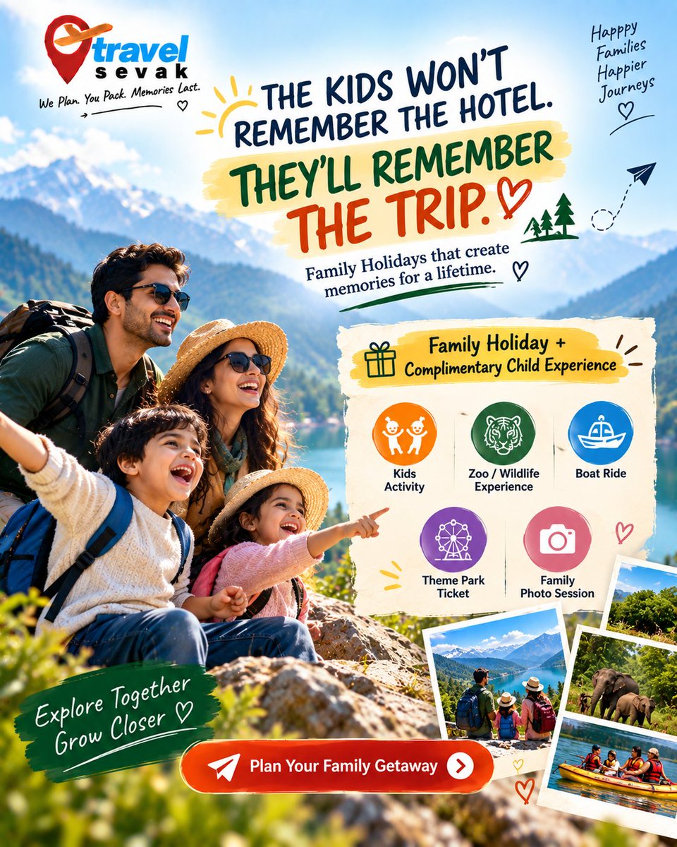 travelsevak's tweet photo. Kids may forget the hotel roomโฆ but theyโll never forget the day you all laughed, explored and made memories together. โค๏ธ๐
#TravelSevak #FamilyHoliday #FamilyTravel #TravelWithKids #FamilyTrip #TravelMemories #HolidayWithKids #TravelIndia #CreateMemories #FamilyTime https://t.co/mXRzoSCof1