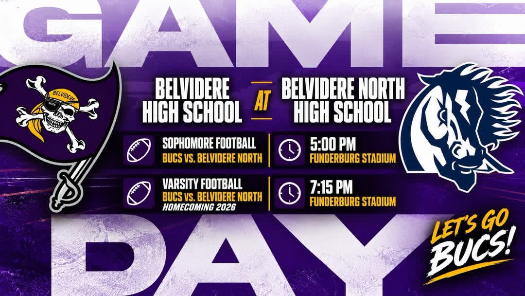 BHSBUCletics's tweet photo. 🏈🔥 IT’S HOMECOMING, BUCS💜💛! 🔥🏈
Bucs back at schools 🏫 once again today!
Bucs "Protect their House" against cross-town rival, BNHS🔵🔴!
🏴☠️ SOPH — 5:00 PM
👑 Court — 6:30 PM
🏈 VAR — 7:15 PM
🏟 Belvidere High School
🔥 LET’S GO BUCS! 🔥
#bucpride https://t.co/BzXxx3LJR6