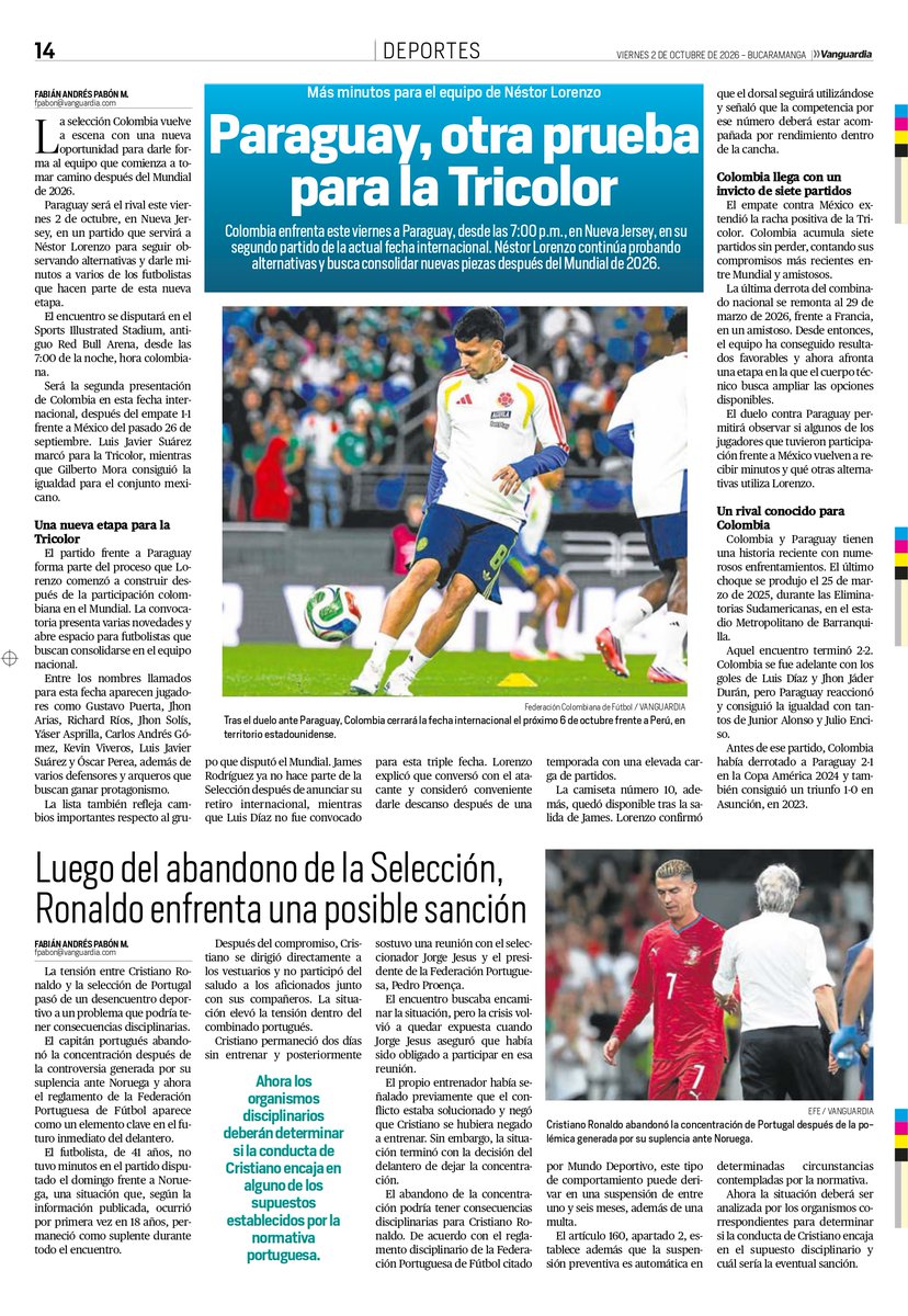 LaTribunaVcom's tweet photo. ☀️ ¡Buenos días y feliz viernes 02 de octubre!

🇨🇴 Paraguay, otra prueba para la Tricolor
😬 Luego del abandono de la Selección, Ronaldo enfrenta una posible sanción
😢 En el Giro de Emilia dirá adiós Nairo Quintana

📍 Adquiera su ejemplar y manténgase informado con Vanguardia. https://t.co/hlBgMV8qbC
