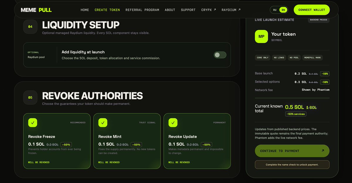 MemePullsol's tweet photo. 👉 https://t.co/uxQE4ELk1u

🔥 Launch special: 50% OFF for the first month.

Create your Solana token for 0.5 SOL instead of 1 SOL, authorities revoked included.

No code. Self-custody. Price shown before you sign.
#Solana #memecoin #SOL