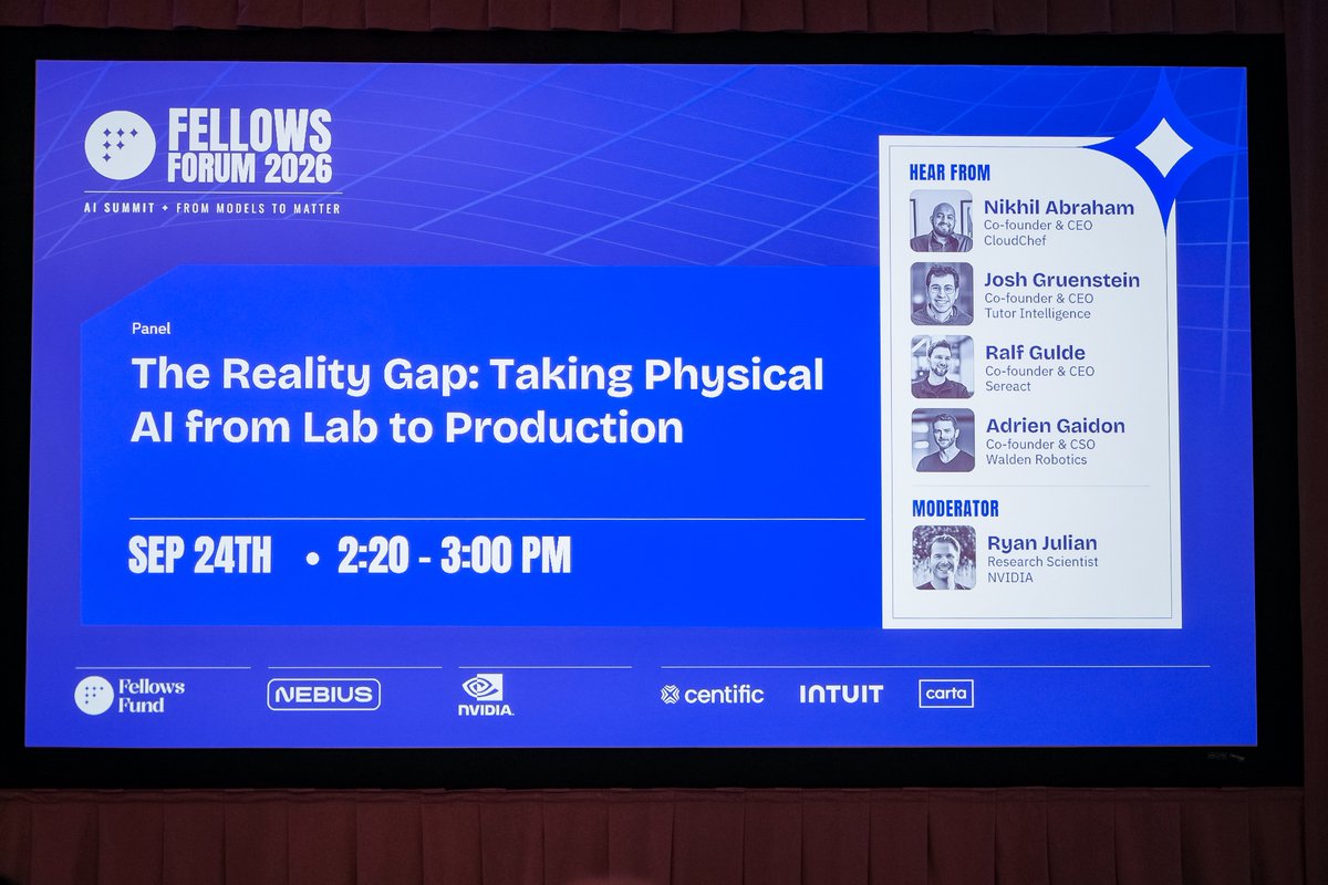 WaldenRobotics's tweet photo. Where a robot's autonomy sits today matters less than how fast it learns, and whether that learning is accelerating. At Fellows Forum, our co-founder @adnothing discussed why that second-order view matters and how we approach it.

Between brute-forcing a general model and knocking out use cases one by one, there is a third way. At Walden, the AI drives the robot and a remote assistant steps in when needed. The engineering challenge is meeting production requirements while generating high-value on-policy training data, prioritizing information gained over data volume alone.

Watch the panel: https://t.co/gwIDkXPoGo