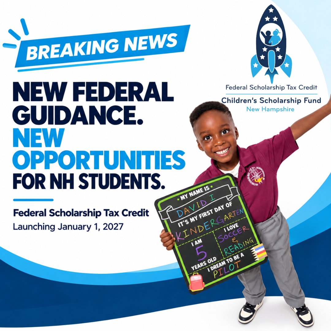 CSF_NH's tweet photo. Big news for NH families: New federal guidance confirms the Federal Scholarship Tax Credit can benefit students across educational settings, including public schools, when it launches Jan. 1.

Learn more: https://t.co/aVjh1GJa9x

#NHPolitics #EducationFreedom #SchoolChoice https://t.co/bVsgevTOQz