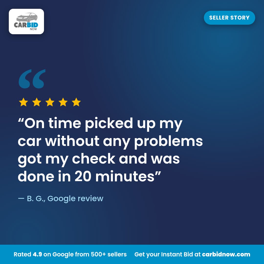 CarBidNow's tweet photo. "On time picked up my car without any problems got my check and was done in 20 minutes" (B. G., Google review) https://t.co/2dSwI7ssyM https://t.co/YI5rAQqs8h