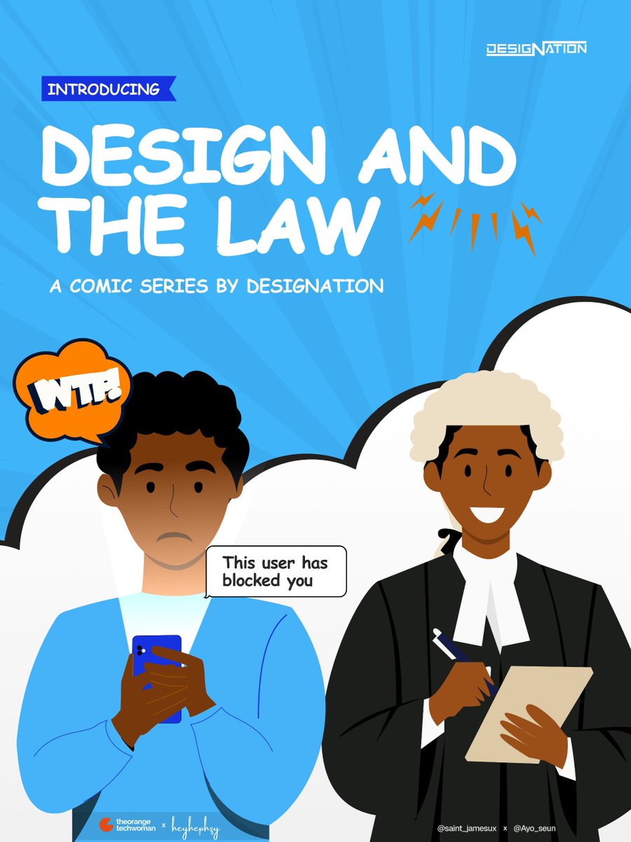The_DesigNation's tweet photo. DESIGN &amp; THE LAW: A comic series brought to you by The DesigNation 💙🧡

Don't forget to schedule the space: 
https://t.co/Xj7GTsgME0 https://t.co/S3wXj7GnAL