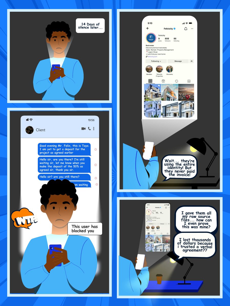 The_DesigNation's tweet photo. DESIGN &amp; THE LAW: A comic series brought to you by The DesigNation 💙🧡

Don't forget to schedule the space: 
https://t.co/Xj7GTsgME0 https://t.co/S3wXj7GnAL