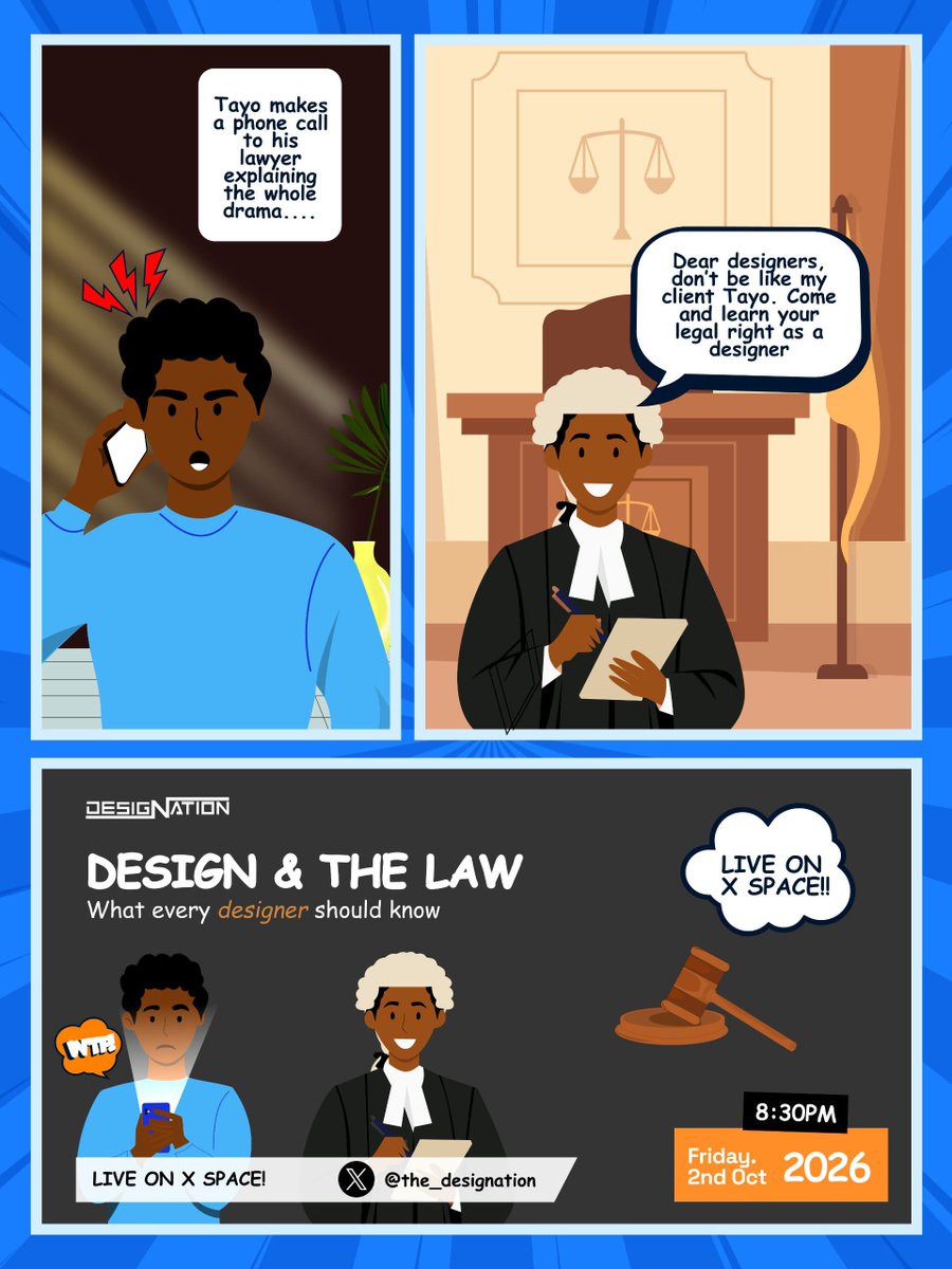 The_DesigNation's tweet photo. DESIGN &amp; THE LAW: A comic series brought to you by The DesigNation 💙🧡

Don't forget to schedule the space: 
https://t.co/Xj7GTsgME0 https://t.co/S3wXj7GnAL