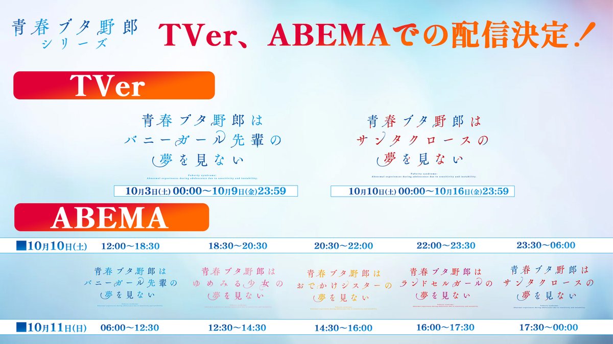 aobuta_anime's tweet photo. ／
 青春ブタ野郎シリーズ
 Tver＋ABEMA配信決定🎊
＼

📡Tver配信
📅10/3㈯ ∼10/9㈮
「青春ブタ野郎はバニーガール先輩の夢を見ない」
📅10/10㈯ ∼10/16㈮
「青春ブタ野郎はサンタクロースの夢を見ない」

📡ABEMA一挙配信
📅10/10㈯&amp;10/11㈰

▼詳細
https://t.co/SSPMcMWvnC

#青ブタ https://t.co/Zg6bwT7ZaR