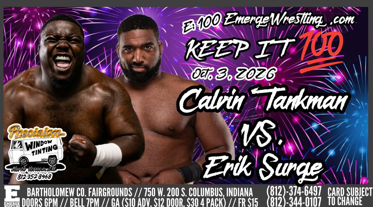 EMERGEWrestling's tweet photo. .@CalvinTankman vs @_ErikSurge_ - THIS SATURDAY NIGHT in Columbus, IN - Doors at 6p - Tickets - $12 at the door or $10 in advance - 4 for $30 (online only) - https://t.co/t9Gs5gdWZ2 https://t.co/iAxV916z3s