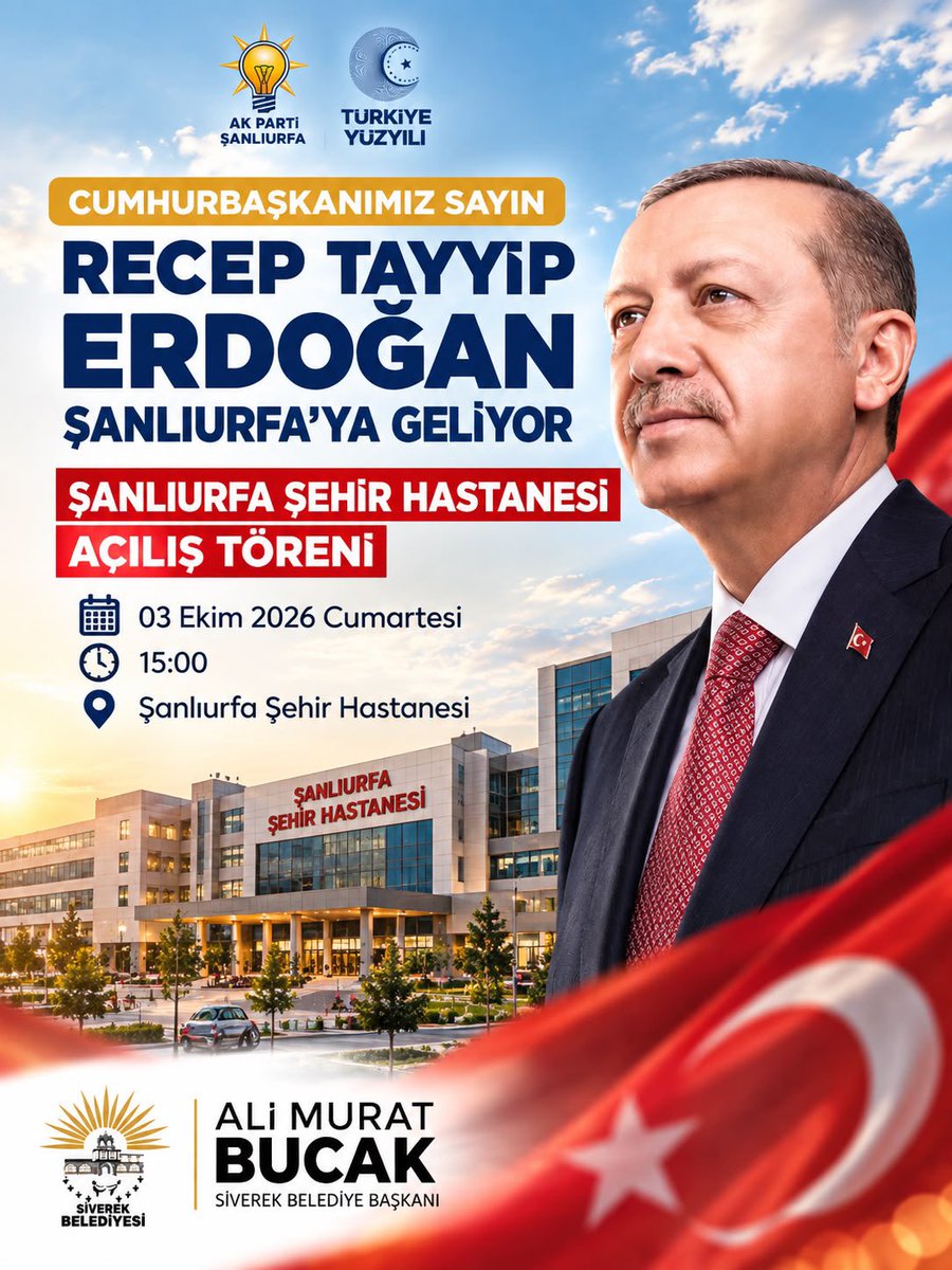 bucakalimurat82's tweet photo. Kıymetli hemşehrilerim,

Şanlıurfa’mızın sağlık altyapısına önemli bir katkı sağlayacak 1.700 yatak kapasiteli Şanlıurfa Şehir Hastanemizin açılışı, Cumhurbaşkanımız Sayın Recep Tayyip Erdoğan’ın teşrifleriyle gerçekleştirilecek.

Cumhurbaşkanımız Sayın Recep Tayyip Erdoğan’ın Şanlıurfa’mıza teşrif edeceği bu anlamlı günde, hemşehrilerimizle birlikte kendisini karşılamak ve şehrimize kazandırılan bu önemli sağlık yatırımının heyecanını hep birlikte yaşamak istiyoruz.

Teşkilat mensuplarımızı, sivil toplum kuruluşlarımızı ve tüm hemşehrilerimizi bu anlamlı programa davet ediyorum.

Gelin, Şanlıurfa’mız için önemli bir hizmetin hayata geçtiği bu günde hep birlikte olalım.

3 Ekim Cumartesi günü Şanlıurfa Şehir Hastanesi’nde buluşalım. 

@RTErdogan 
@bybekirbozdag 
@eyupkadirinan 
@abuyukgumus 
@mustafademir 
@milhamigunbegi 
@Cengizozeyran82