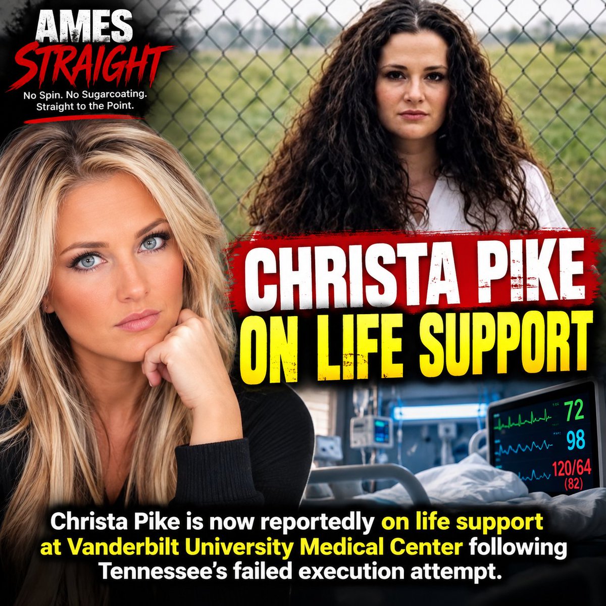 AmesStraight's tweet photo. 🚨 UPDATE: Christa Pike is reportedly now ON LIFE SUPPORT at Vanderbilt University Medical Center following Tennessee’s failed execution attempt.

According to WSMV, her attorneys say they still have not been able to see or communicate with her and do not know whether she will recover.

Attorney Randy Spivey says that after the second round of pentobarbital, Pike’s right arm turned purple and began blistering while she continued choking and struggling to breathe.

Her attorneys say they still don’t know whether the execution drug ever properly entered her bloodstream.

Whatever your feelings about Christa Pike or the death penalty, this execution attempt clearly did not go as planned.

After more than 30 years on death row, Tennessee now has some serious questions to answer about exactly what happened in that execution chamber.