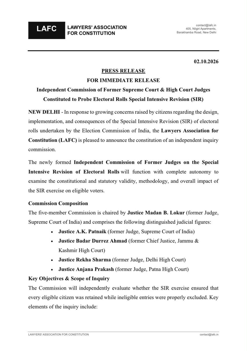 lafcindia's tweet photo. LAFC announces an Independent Commission of Former Supreme Court &amp; High Court Judges to examine the Special Intensive Revision (SIR) of electoral rolls.

Chaired by Justice Madan B. Lokur, the Commission will undertake public hearings, legal research and scrutiny. https://t.co/p6J0AXpyeC