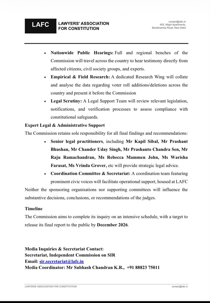 lafcindia's tweet photo. LAFC announces an Independent Commission of Former Supreme Court &amp; High Court Judges to examine the Special Intensive Revision (SIR) of electoral rolls.

Chaired by Justice Madan B. Lokur, the Commission will undertake public hearings, legal research and scrutiny. https://t.co/p6J0AXpyeC