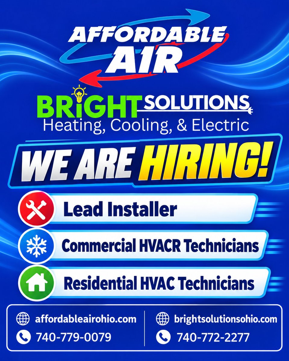 aairchilli's tweet photo. 🚨 Affordable Air is hiring!
Open positions:
🔧 Lead Installer
❄️ Commercial HVACR Technicians
🏠 Residential HVAC Technicians
Interested? Call 740-779-0079 or visit https://t.co/Vlb1ARrfF5.
#NowHiring #HVACJobs #OhioJobs https://t.co/JRBk6y1xcj