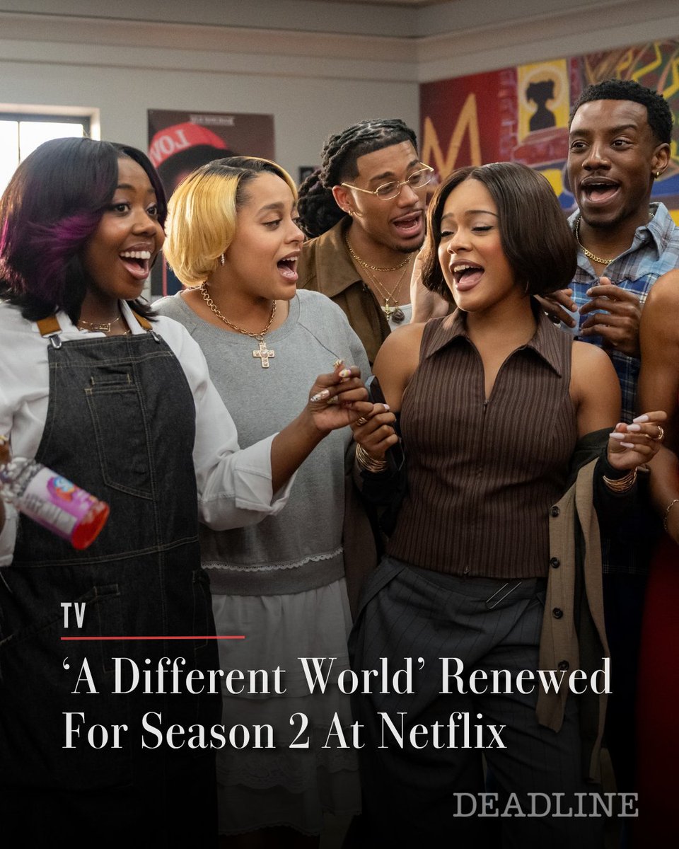 DEADLINE's tweet photo. Netflix has renewed its freshman series 'A Different World' for a second season.

Executive producer and director Debbie Allen said, “YAY! HALLELUJAH! The people and Netflix have spoken. A Different World brought something everybody needed: joy, romance, relevance, authenticity, and HEART! Thank you for getting us into the Top 10 worldwide! And now, gear up! We’re coming back at you with Season 2!!”

Read more details here: https://t.co/J9Uv1FQfyW

(Photos: Netflix)