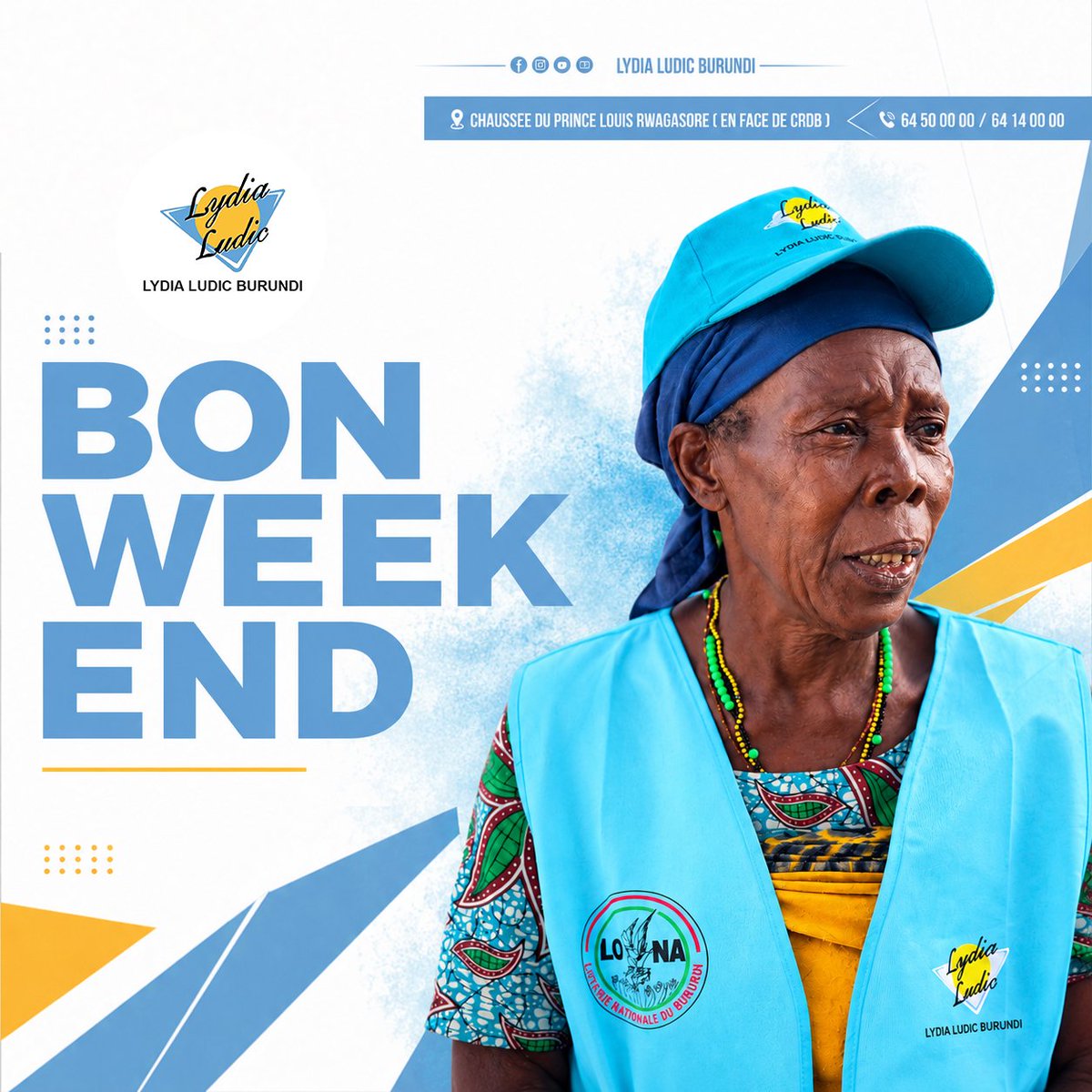 LLBurundi's tweet photo. ✨ Bon week-end à toutes et à tous !
Que ce week-end vous apporte joie, partage et belles surprises. 💙💛

Lydia Ludic Burundi vous souhaite un excellent week-end ! 🥰

#LydiaLudicBurundi #BonWeekEnd #LLB https://t.co/xLKUgd4eTR