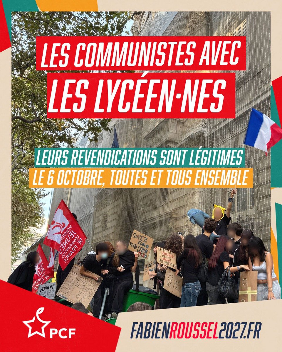 PCF's tweet photo. 🚩 Pour interdire de manifester, le gouvernement agit en quelques heures.
Pour remplacer les profs absents et rénover les lycées, la jeunesse attend toujours !

La jeunesse réclame des moyens, le gouvernement répond par des interdictions.

📢 Dans la rue, devant les lycées, les communistes sont à leurs côtés !