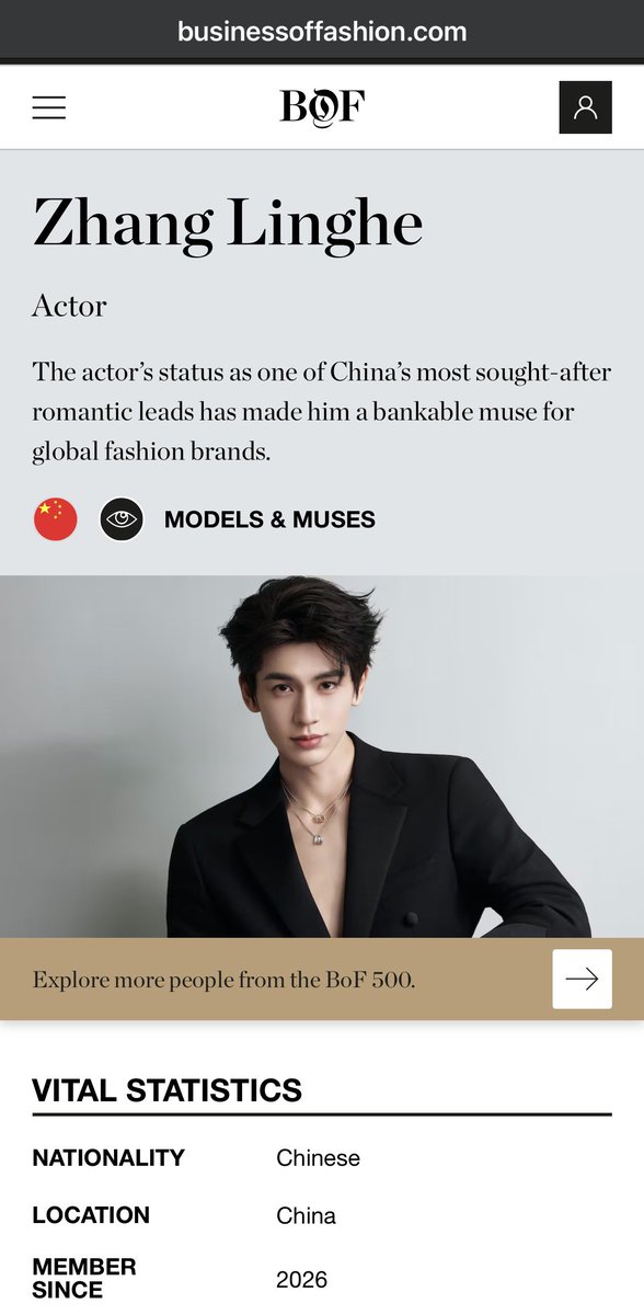 ZhangLinghe_USA's tweet photo. 📰#𝐙𝐡𝐚𝐧𝐠𝐋𝐢𝐧𝐠𝐡𝐞𝐌𝐞𝐝𝐢𝐚𝐅𝐞𝐚𝐭𝐮𝐫𝐞
¹⁰∙⁰²∙²⁰²⁶

🎉Congratulations to #ZhangLinghe on being named to the BoF 500 Class of 2026, joining an influential global community shaping the future of fashion.

From captivating performances on screen to commanding attention on the global fashion stage, his elegance, versatility, and growing influence continue to transcend borders.

#张凌赫 #BoF500 

🔗 https://t.co/yvjib2nv0X