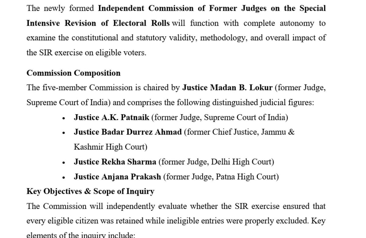 barandbench's tweet photo. #Breaking | An independent five-member commission of former Supreme Court and High Court judges has been constituted by the Lawyers’ Association for Constitution (LAFC) to examine the constitutional and statutory validity, methodology and impact of the Election Commission’s Special Intensive Revision (SIR) of electoral rolls.

The commission will be chaired by former Supreme Court judge Justice Madan B Lokur and will comprise former SC judge Justice AK Patnaik, former J&K High Court Chief Justice Badar Durrez Ahmed, and former High Court judges Justices Rekha Sharma and Anjana Prakash

#SIR #SupremeCourt @ECISVEEP
@Cockroachisback