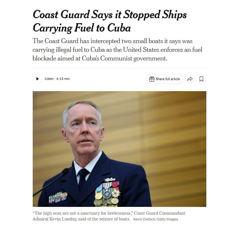 clashreport's tweet photo. The U.S. Coast Guard says it intercepted two vessels carrying fuel to Cuba as the Trump administration tightens its fuel blockade.

The Grace, a roughly 300-foot cargo ship, was stopped on Sept. 5 between Cuba and Mexico after allegedly using “dark fleet” tactics.

Earlier this summer, the Coast Guard also seized the Jaira Provider, carrying about 210,000 gallons of fuel.

The blockade has sharply reduced Cuba’s fuel imports, contributing to nationwide blackouts and shortages.

Source: NYT