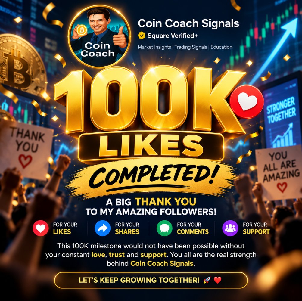 CoinCoachSignal's tweet photo. 🎉 100K Likes Completed! ❤️

My dear followers, today is a very special day for me! We’ve officially reached 100K Likes, and this incredible milestone would not have been possible without your constant love, support, and trust. 🙏❤️

Every like, share, comment, and follow has motivated me to keep going and bring you more valuable market insights. I’m truly grateful to each and every one of you for being part of the Coin Coach Signals journey. 🚀

This 100K milestone belongs to all of us! ❤️

Thank you for your amazing support. Let’s keep growing together! 🔥
100K completed and the journey continues! 🚀

@binance Binance Square Official 
https://t.co/PwLlbweeP6