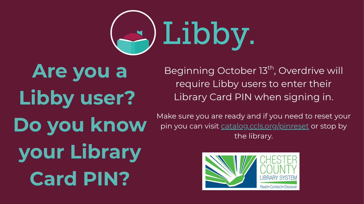 HankinLibrary's tweet photo. Heads up, Libby users! Starting Oct 13, Libby will require your 14‑digit CCLS barcode (no spaces!) and your PIN when you borrow or place a hold. Need to reset your PIN? 
Visit https://t.co/NTBqheqgud or stop by the library. We’ll share login instructions as the date approaches. https://t.co/pPOSlfyedL