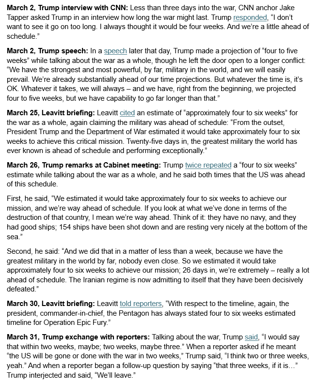 ddale8's tweet photo. President Trump is now claiming he made clear his four-to-six-weeks timeline for the Iran war was about dealing with the Iranian nuclear threat in particular, not the end of the whole war. The record shows it was indeed for the end of the whole war. Just a sampling: https://t.co/jXIqA2RwZM
